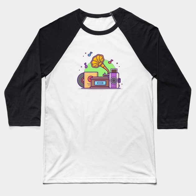 Old Music Player with Gramophone , Camera, and Vinyl Music Cartoon Vector Icon Illustration Baseball T-Shirt by Catalyst Labs